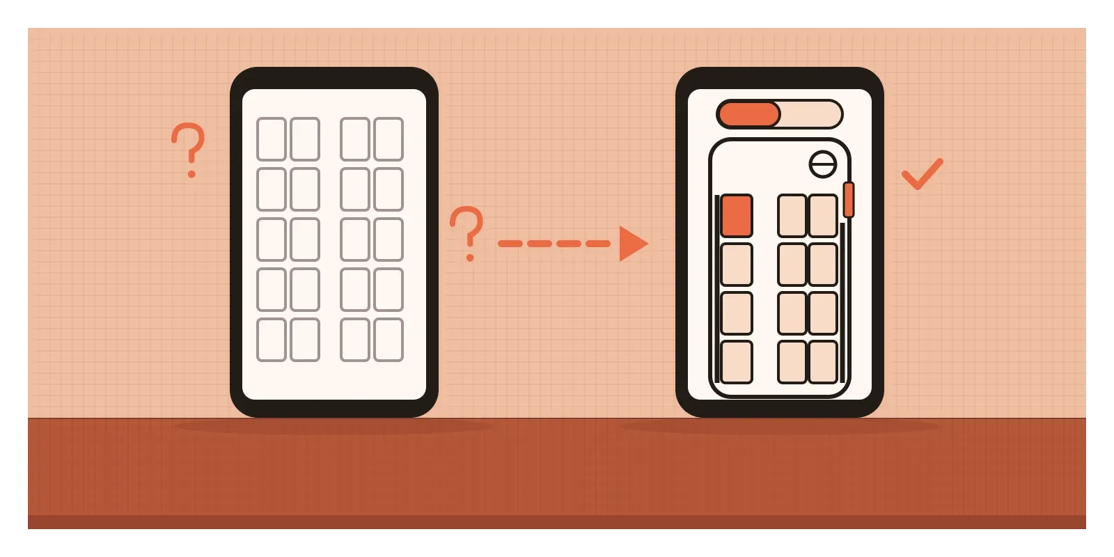 Two phones. The left shows two plain grids of rectangles with no orientation. The right shows a bus outline with a steering wheel at the front and a door marked, an aisle down the middle, and lower and upper berths as two layers.