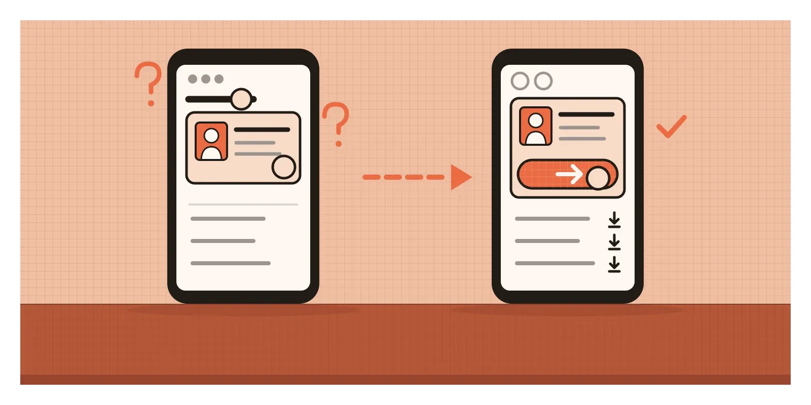 Two phones. On the left, a pass card and a plain heading are both being tapped, with question marks. On the right, the same card has a clear orange button along its bottom, and each payment row has a visible download icon.