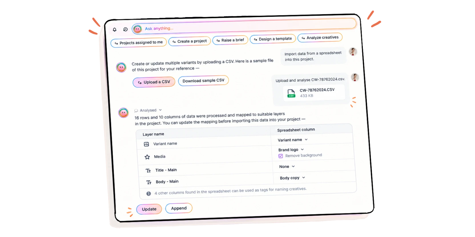 The old co-pilot, a chat window with preset prompts, a CSV upload and a mapping table.