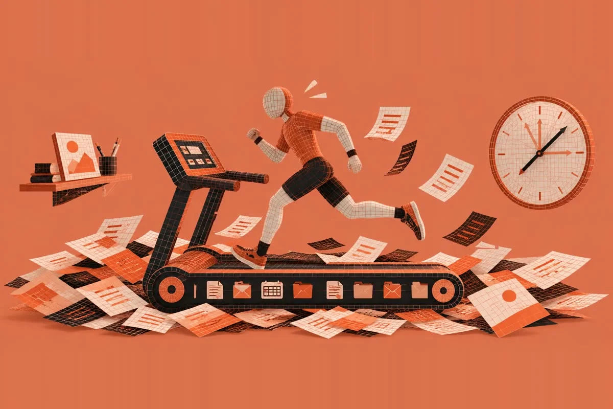 A designer running on a treadmill of tasks and paperwork while a clock races.