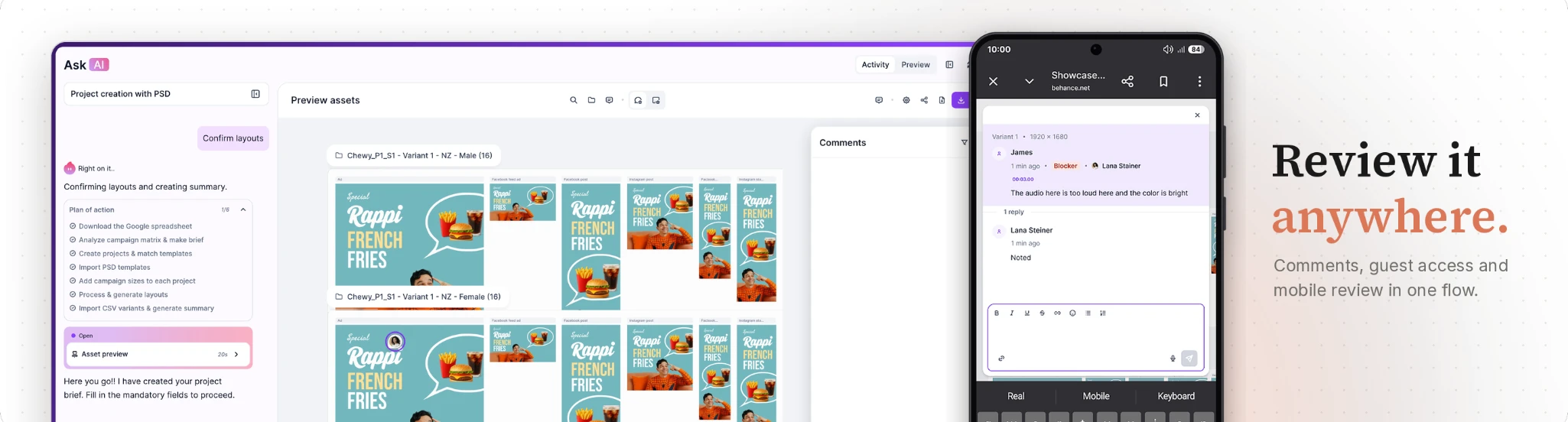 Review it anywhere. Comments, guest access and mobile review in one flow, shown on a laptop canvas and a phone.