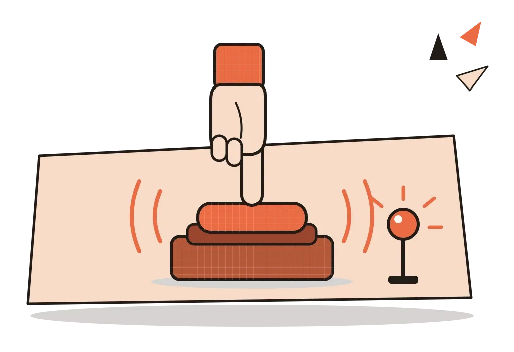 A hand presses a large orange button on a tilted cream sheet. Curved lines ripple out from the button and a small lamp beside it glows, showing the press has been noticed.