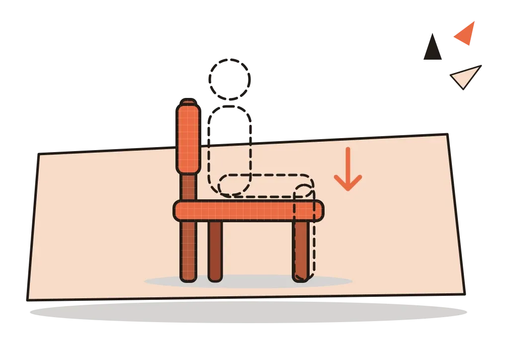 A simple orange chair on a tilted cream sheet, with a dashed outline of a sitting figure hovering above the seat, showing the action the chair offers.