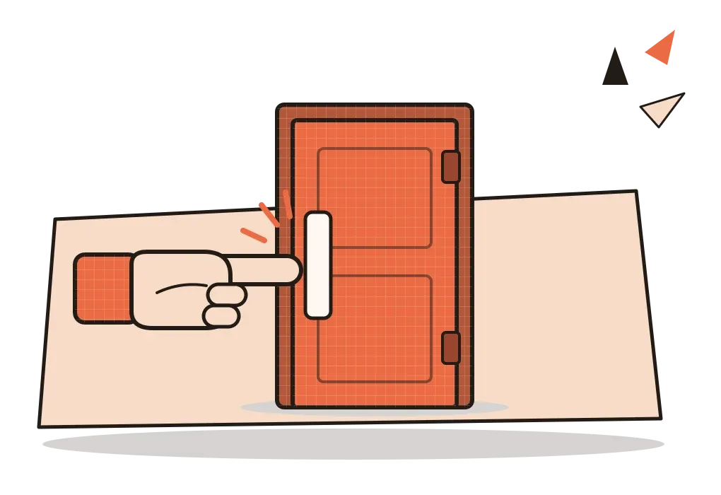 An orange door on a tilted cream sheet, with a flat cream push plate on one side and a pointing hand hovering in front of it, ready to push.