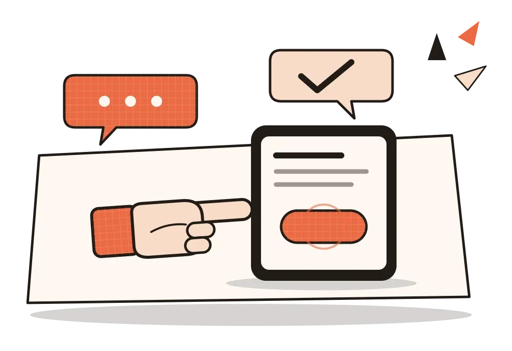 A hand reaching towards a cream screen on a tilted sheet, with an orange speech bubble coming from the hand and a second bubble coming back from the screen, like two sides of a conversation.