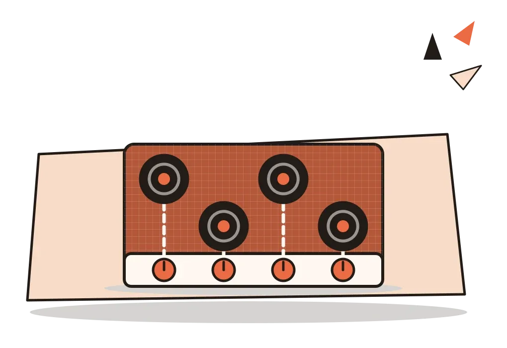A four-burner hob on a tilted cream sheet, with four orange knobs along its front edge, each linked by a short dashed line to the burner directly behind it.