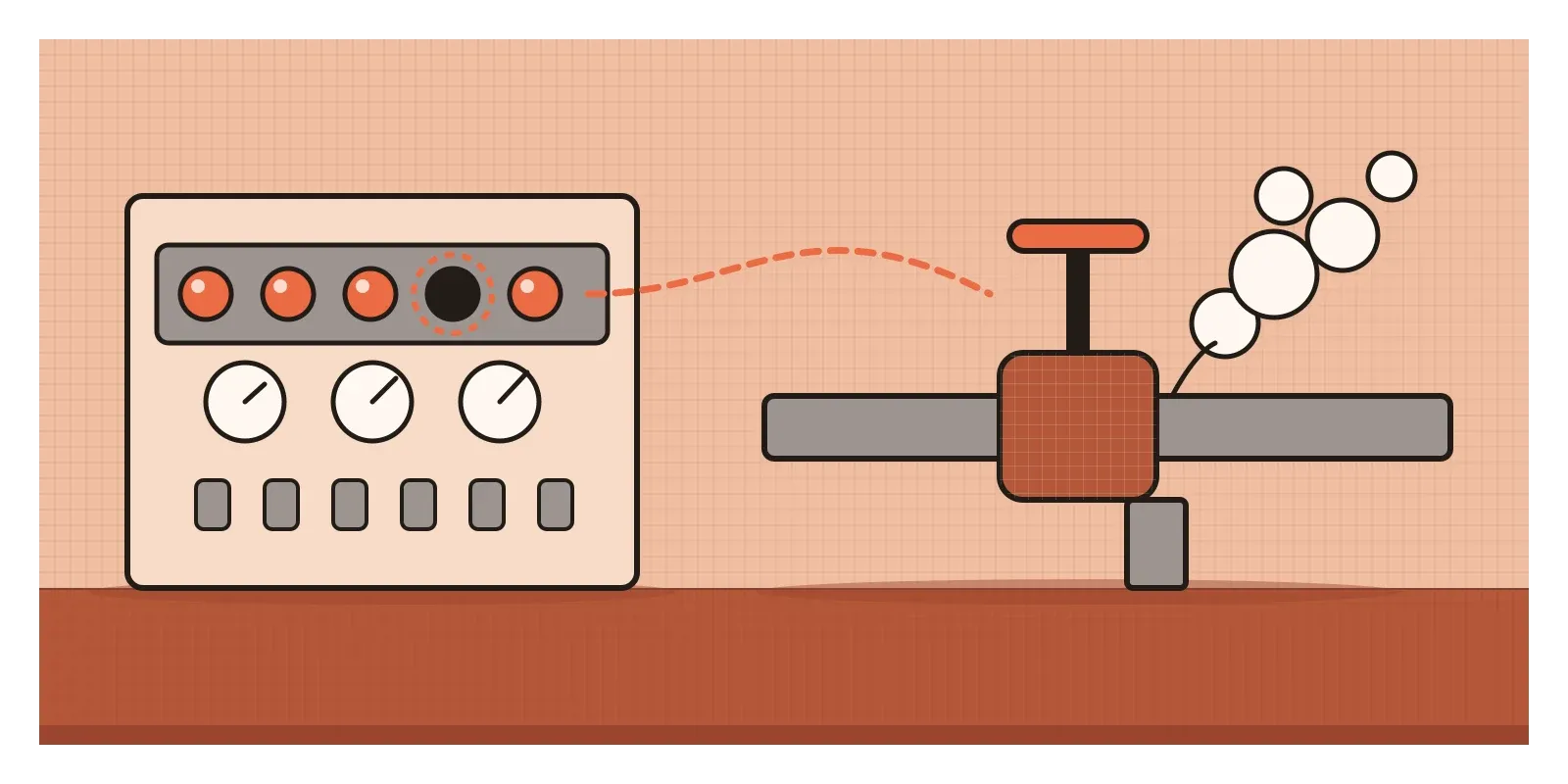 On the left, a grey control panel with a row of lamps, one of them dark. On the right, a valve on a pipe stands open with steam escaping. A dashed line connects the dark lamp to the open valve.