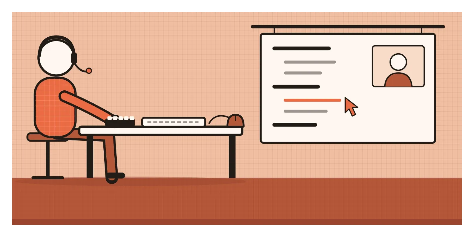 A seated figure with a simple round head works at a low console with a keyboard, a five-key keyset and a mouse, while a huge screen behind shows a list of lines with an orange pointer.