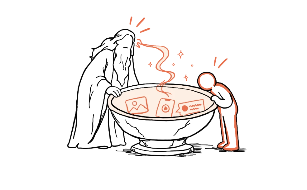 A wizard and a small figure leaning over a stone basin, the creatives floating up out of it.