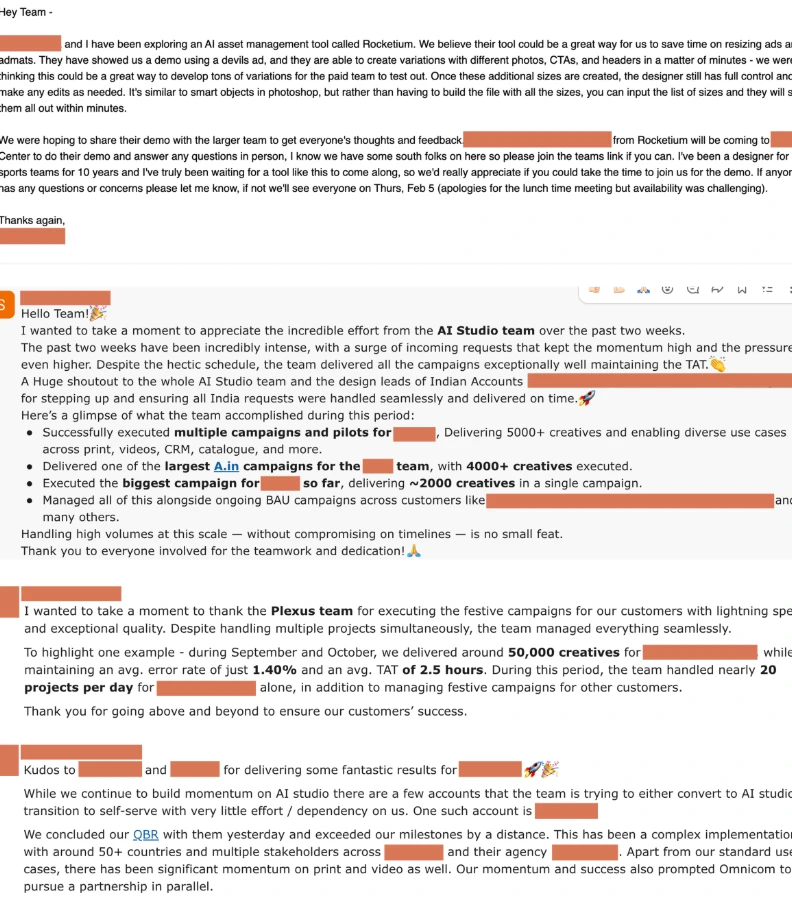 Four redacted messages of thanks from customers and teams.