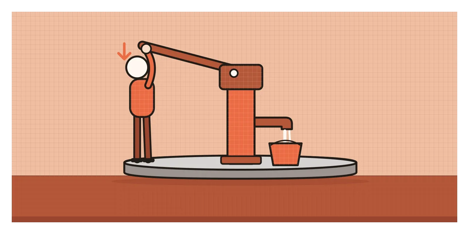 A sturdy hand pump with a long lever handle stands on a round concrete platform. A small figure reaches up to pull the handle down as water pours from the spout into an orange bucket.