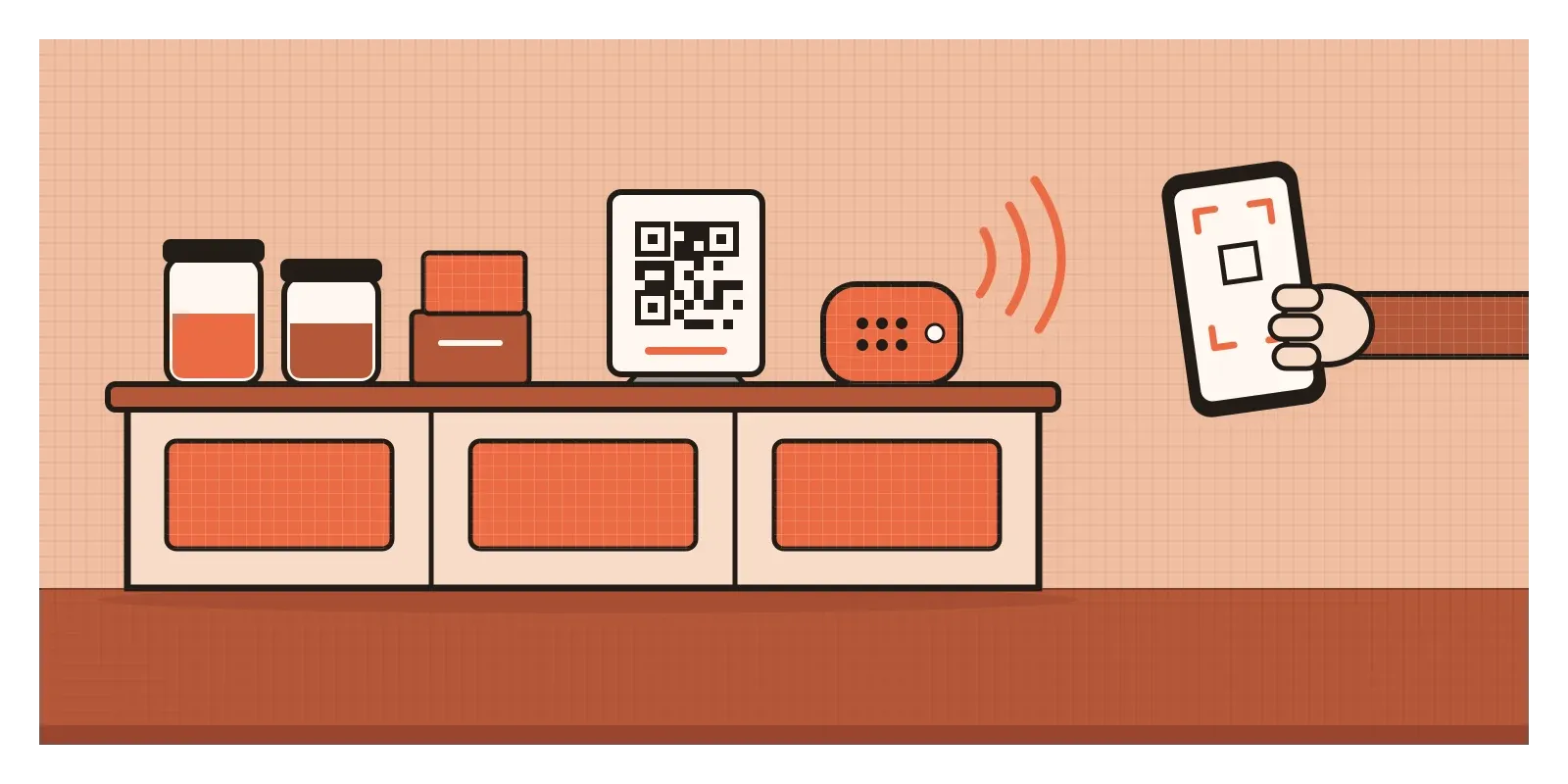 A kirana counter with jars and a stack of packets, a QR code on a stand, a phone being held out towards it, and a small round speaker giving off orange sound waves.