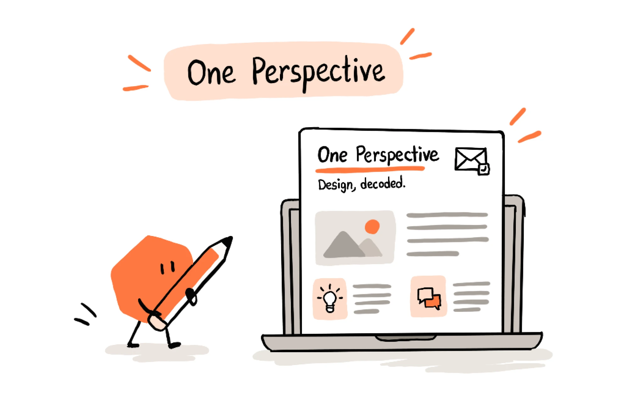 A pencil character presenting the One Perspective newsletter, "Design, decoded", on a laptop.