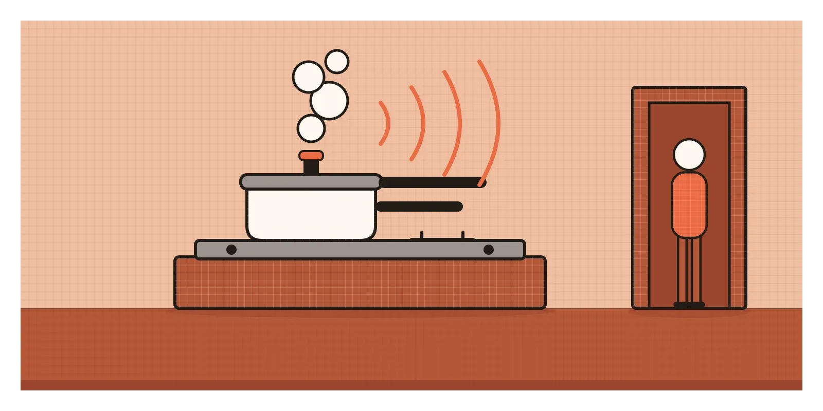 A pressure cooker sits on a two-burner gas stove. A jet of steam rises from the weight on its lid, and curved sound lines spread outwards towards a doorway on the right, where a figure stands listening.