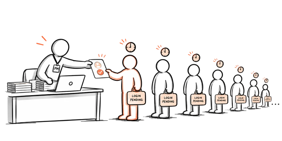 A long queue of reviewers waiting while one person at a desk hands out logins one by one.