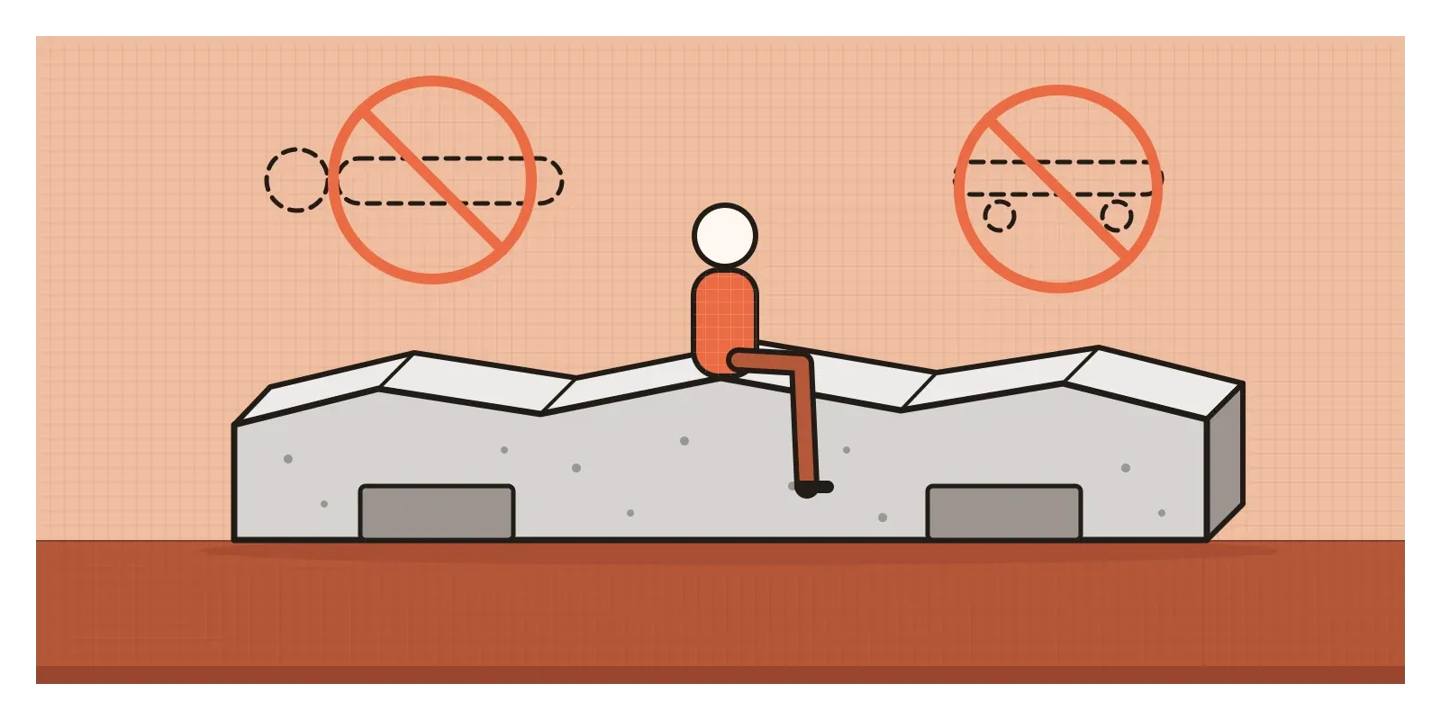 A long grey concrete bench with an angled, ridged top stands on the floor. Faint dashed outlines above it show a person lying down and a skateboard, both crossed out.