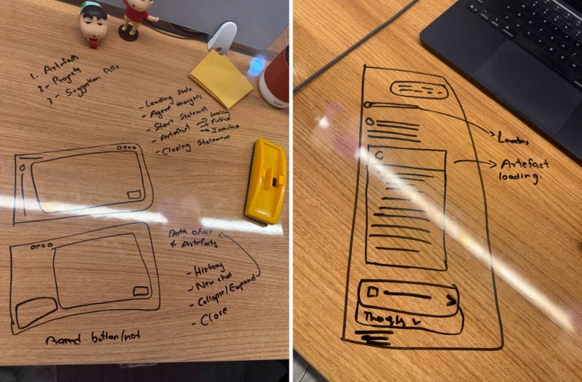 Close-ups of the desk sketches. The chat layout and the artifact panel.