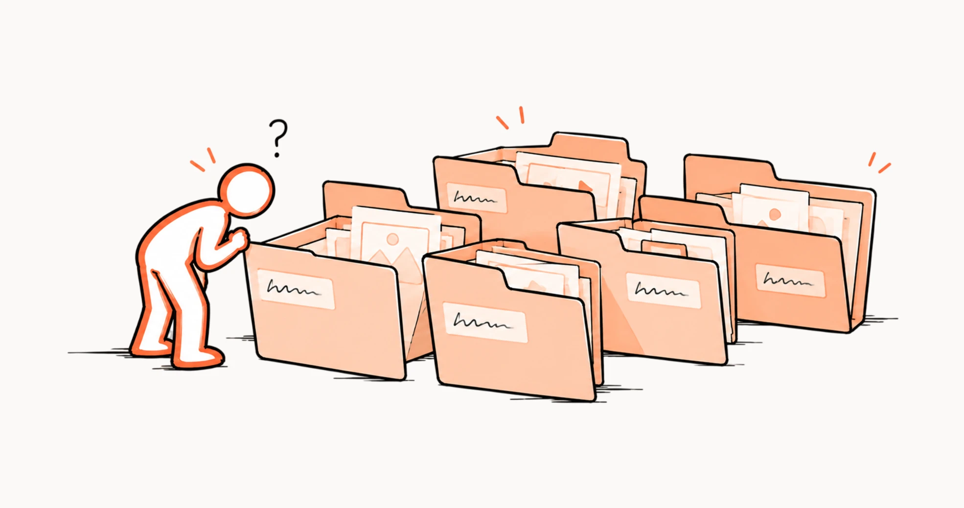 A puzzled newcomer facing a row of overflowing folders from old projects.