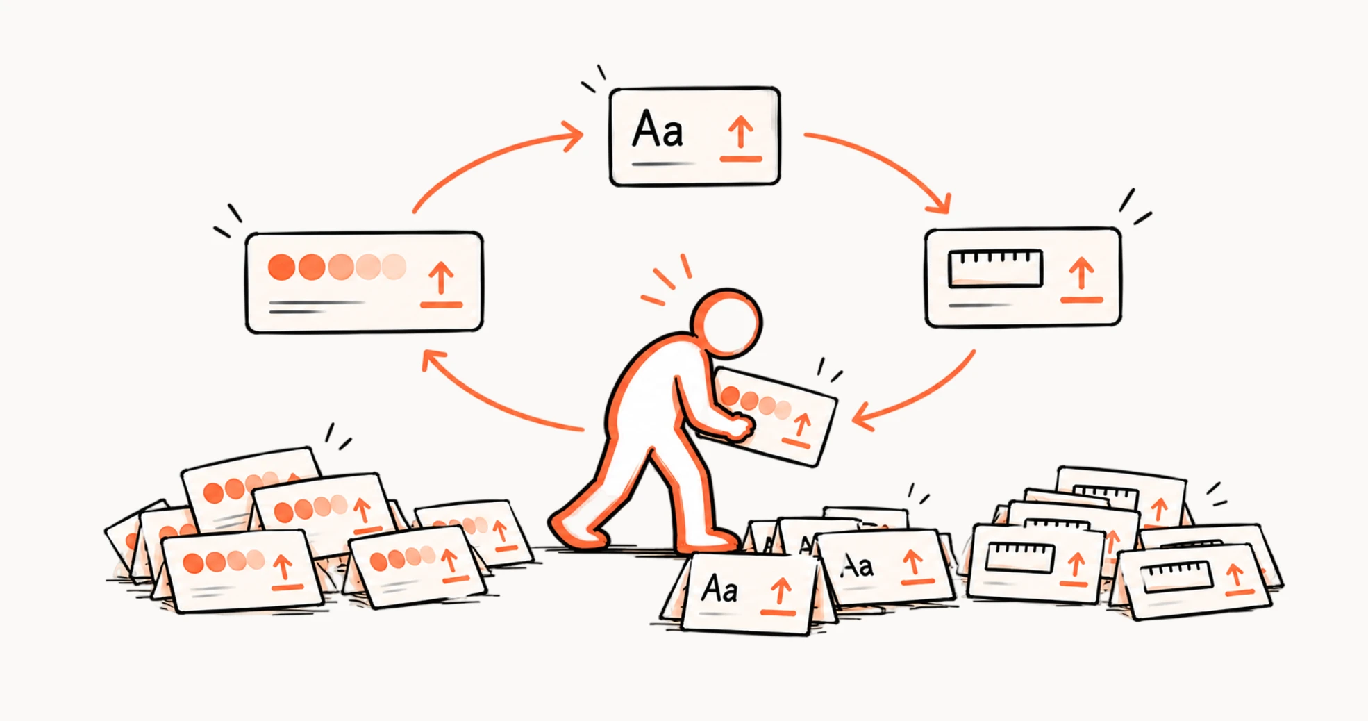 A designer re-uploading the same colors, fonts and sizes in a loop, surrounded by piles of identical setups.
