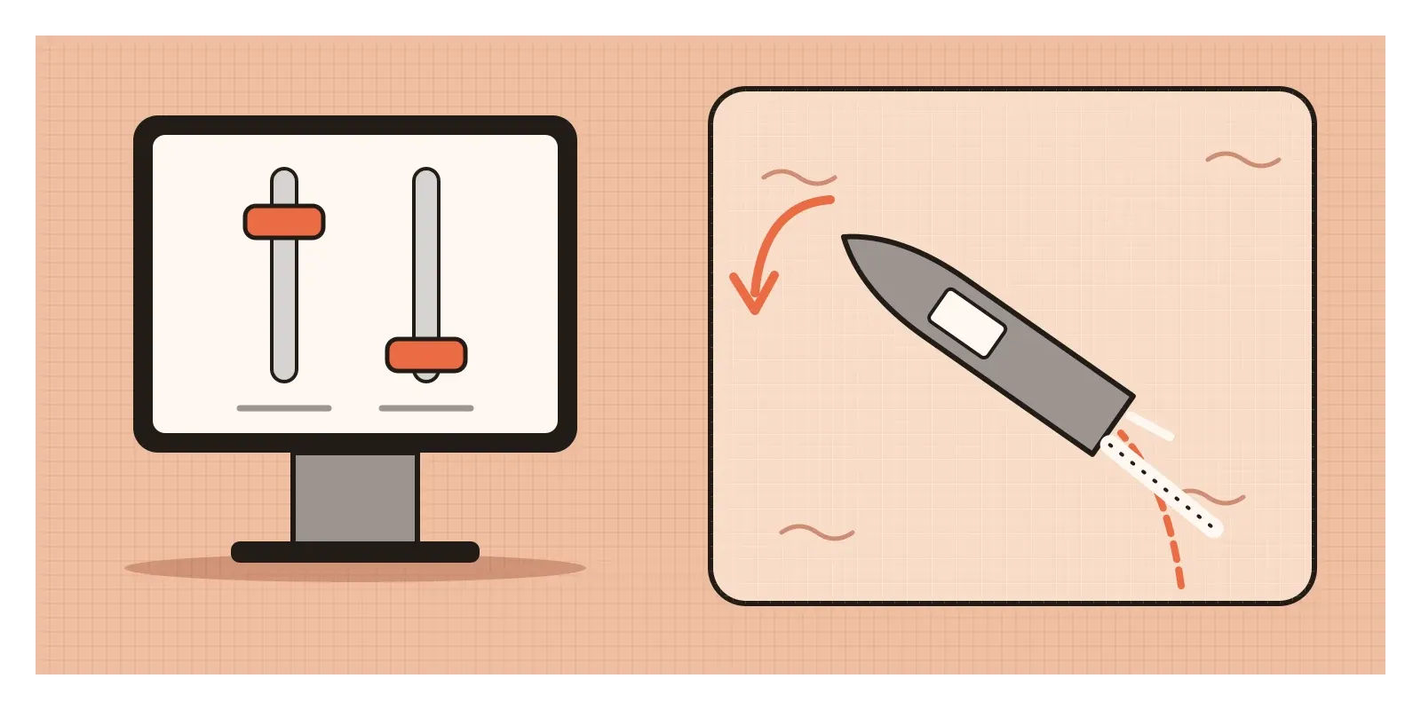 On the left, a flat touchscreen shows two throttle sliders at different heights. On the right, a grey ship seen from above curves sharply to one side, with one large and one small propeller wake behind it.