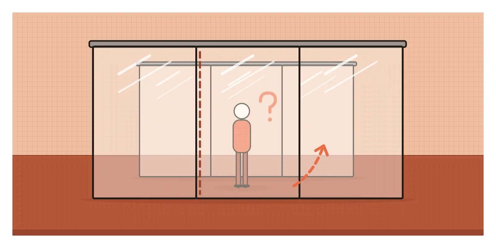 Two rows of plain glass doors with no handles stand one behind the other. A small figure stands between the rows with a question mark above its head. A dashed line marks the hidden hinge side of one door, and an orange arrow shows which edge actually swings.