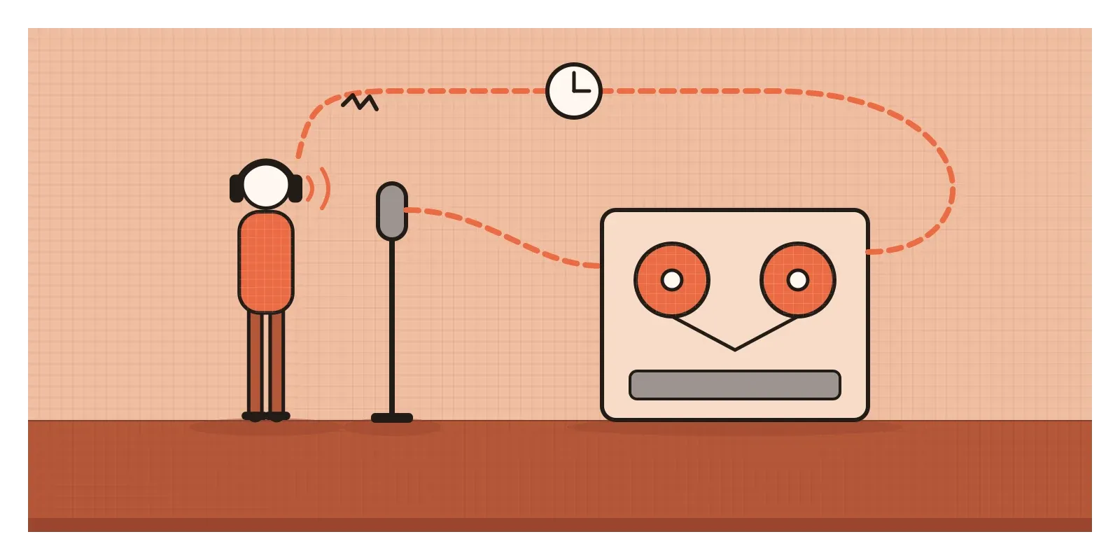A figure wearing headphones speaks into a microphone on a stand. Sound waves travel from the microphone around a long loop through a reel of tape and a small clock before arriving back at the headphones, late and slightly broken.